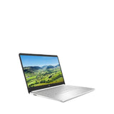 Silver HP laptop open with landscape screen, refurbished computer on white background