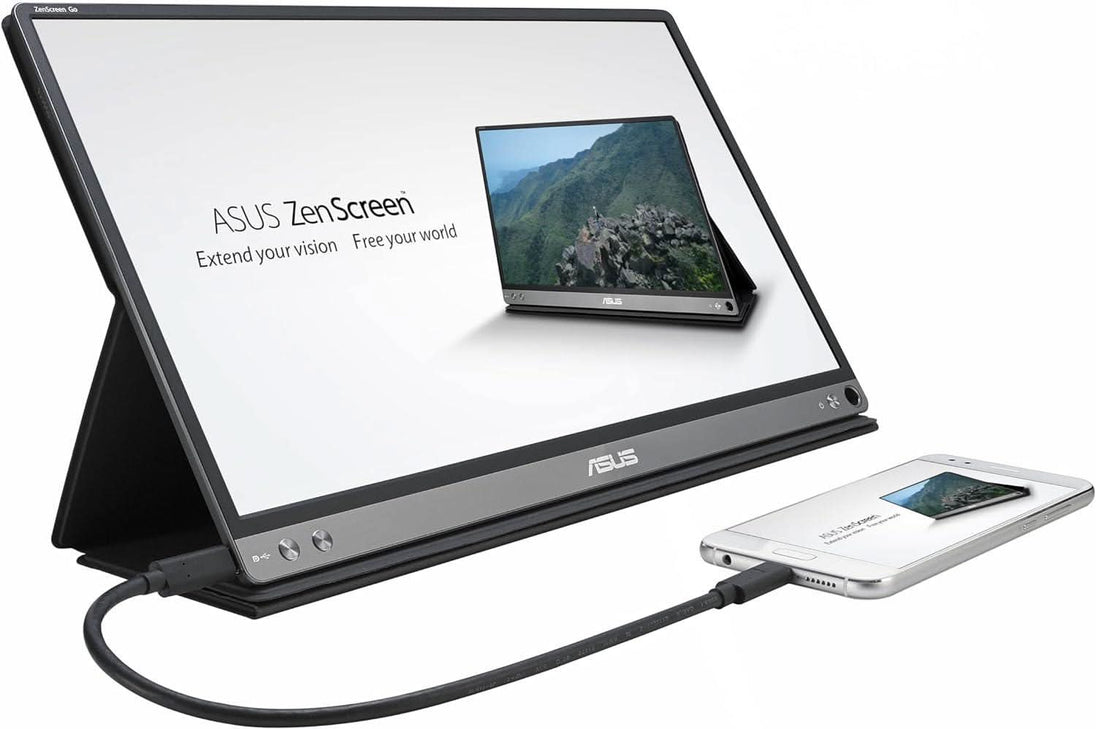ASUS ZenScreen portable monitor connected to a smartphone via USB-C cable