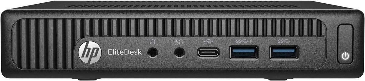 Front view of HP EliteDesk mini desktop PC with USB ports and power button