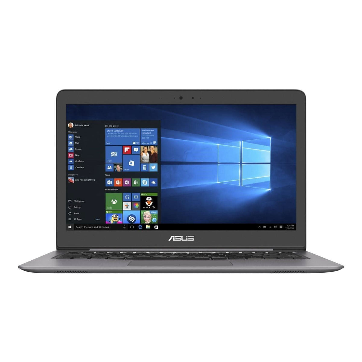 Front view of an ASUS laptop with Windows 10 open on screen, sleek grey design