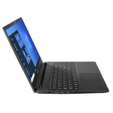 Black refurbished laptop side view with Windows 10 open, showing keyboard and ports