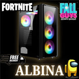 Refurbished gaming PC with RGB lights, Fortnite, Fall Guys, Among Us icons, free delivery badge.