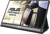 ASUS portable monitor on a stand, displaying a person carrying a brown briefcase.