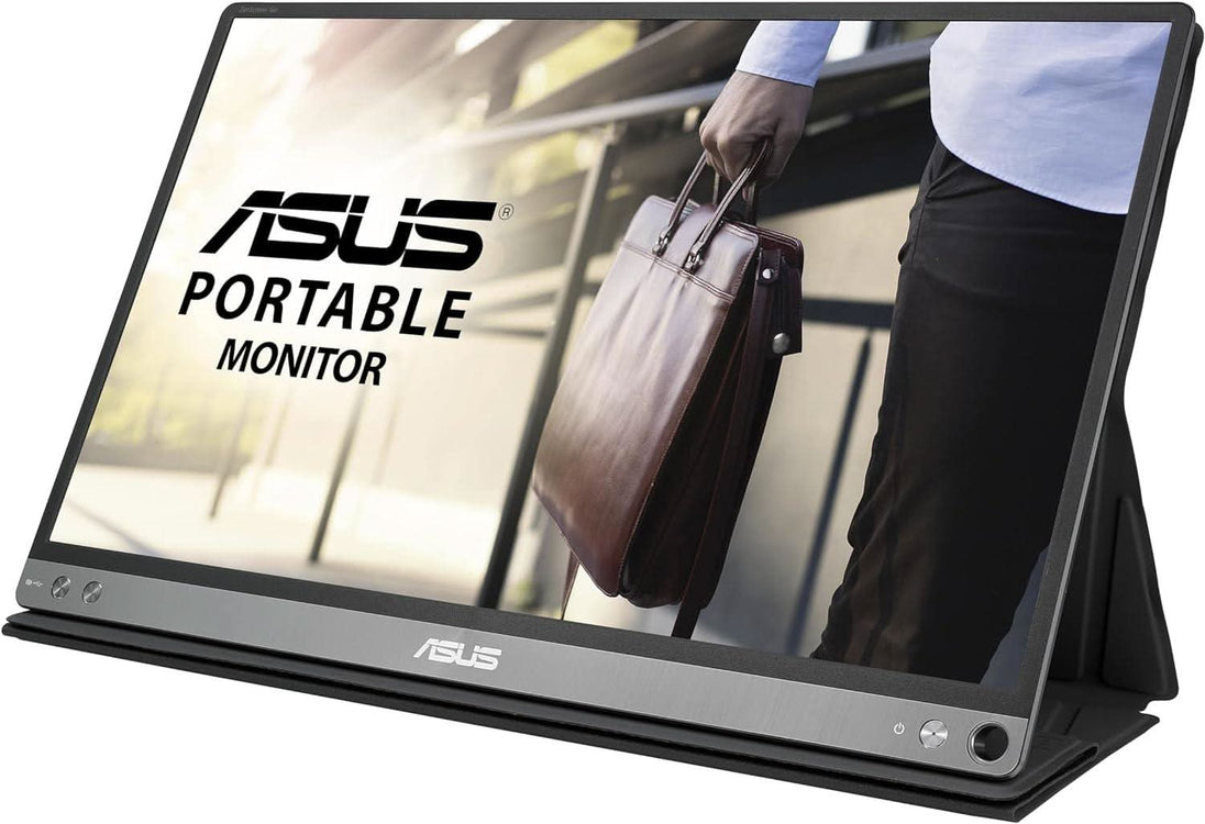 ASUS portable monitor with screen displaying a person holding a briefcase, lightweight design