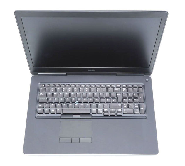 Dell Precision laptop with large screen and black keyboard, viewed from above