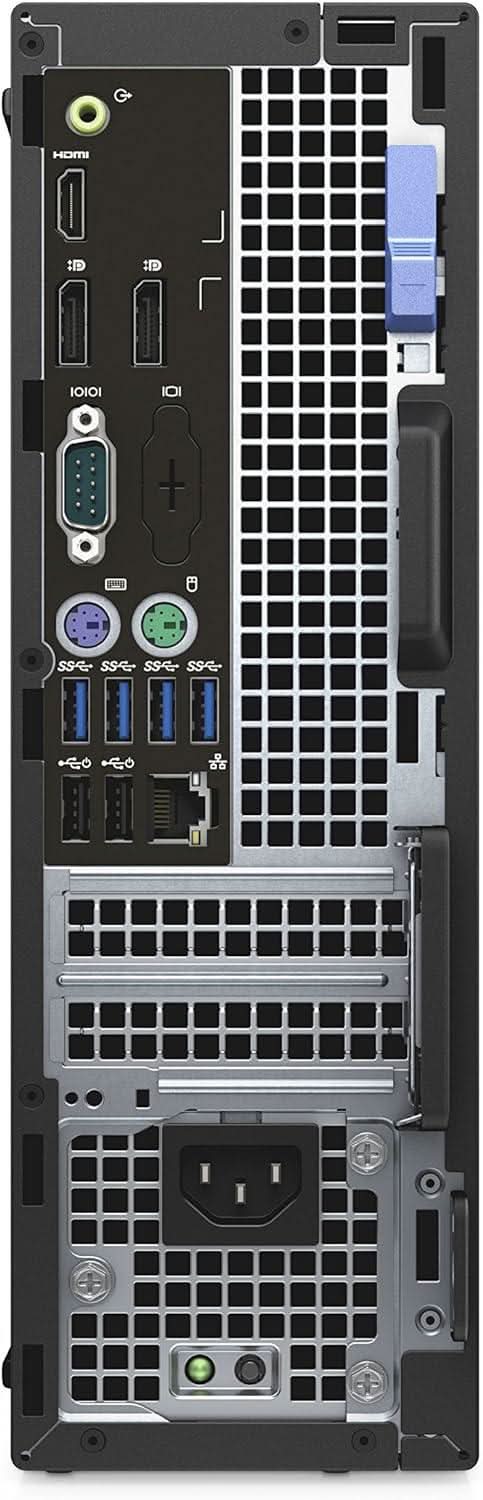 Rear view of a desktop PC tower showing HDMI, USB ports, Ethernet, and expansion slots.