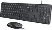 Black wired keyboard and mouse set with numeric keypad on white background