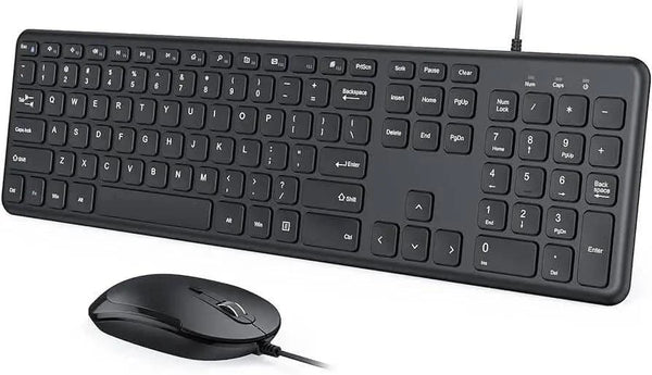 Black wired keyboard and mouse set with numeric keypad on white background