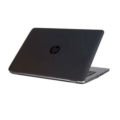 HP laptop closed, silver chassis, rear side view, refurbished professional computer