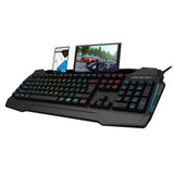 RGB backlit gaming keyboard with dual built-in tablet and smartphone stands, side view