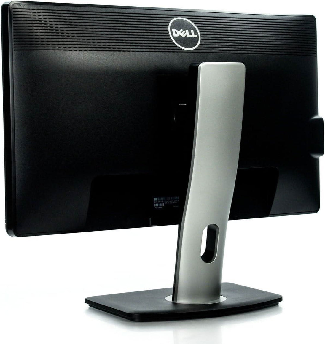 Back view of a Dell computer monitor with adjustable silver stand