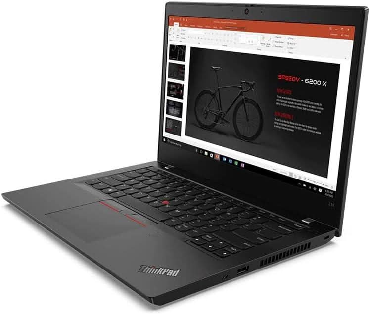 Lenovo ThinkPad laptop open with presentation on screen, black keyboard, left-side view