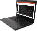 Lenovo ThinkPad laptop open with presentation on screen, black keyboard, left-side view