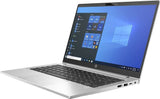 Silver HP laptop with Windows 10 home screen, sleek design, angled left side view