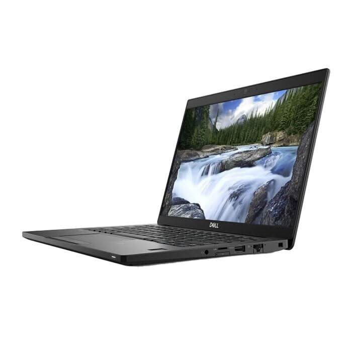 Refurbished Dell laptop angled left, screen on with nature landscape, black keyboard visible