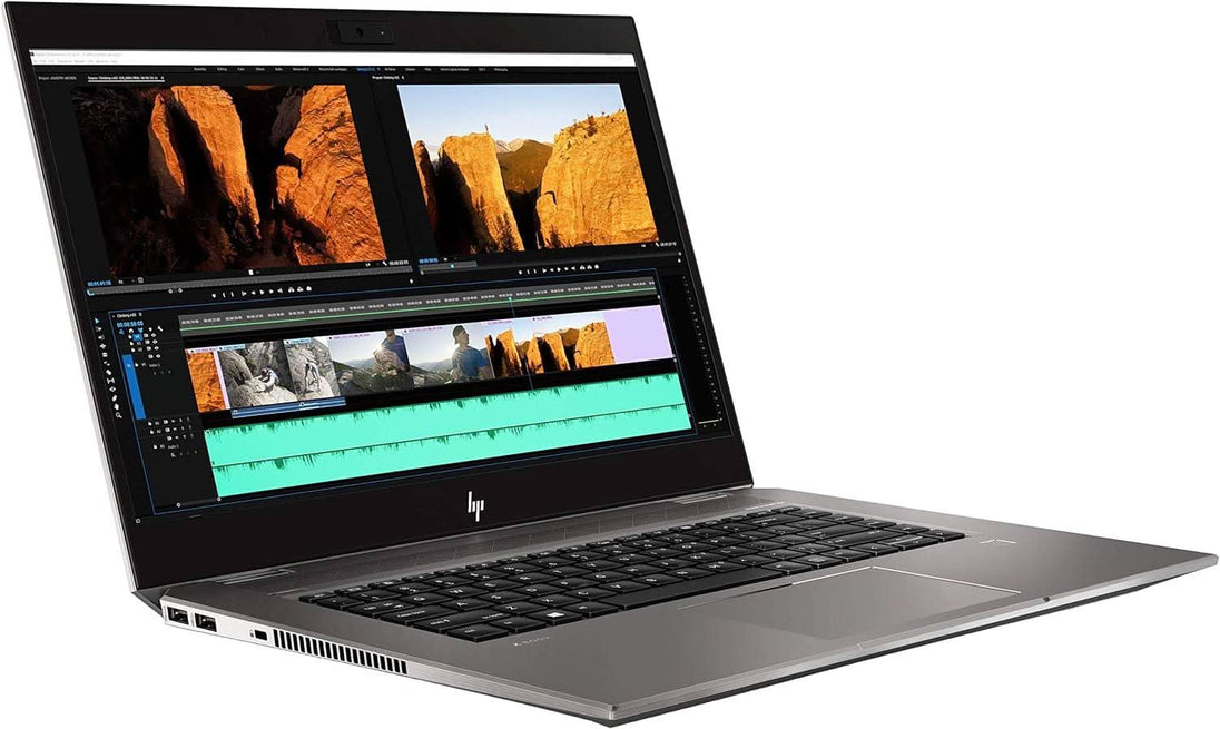 Refurbished HP laptop with video editing software open on screen, side angle view