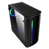 Black desktop PC tower with tempered glass side panel and RGB lighting on front