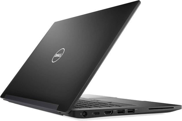 Refurbished Dell black laptop partially opened, viewed from back right side showing ports