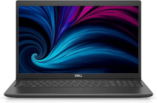 Front view of a Dell laptop with colorful abstract screen, professional refurbished computer