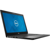 Dell business laptop with blue screen, side view showing ports, isolated on white background