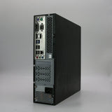 Refurbished desktop PC rear view with multiple USB, audio, and network ports against plain background.