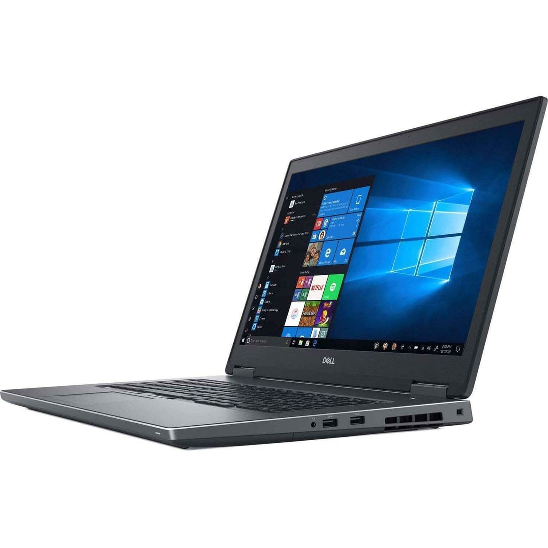 Refurbished Dell laptop with Windows 10 open on screen, angled side view
