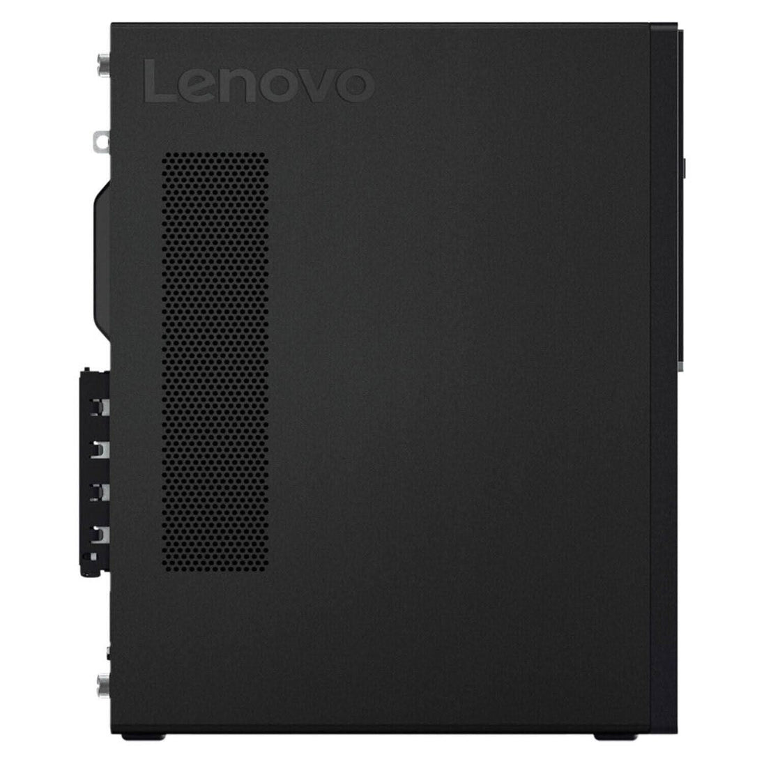 Side view of a black Lenovo desktop PC tower with ventilation panel