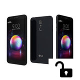 Unlocked black LG K11 smartphone shown from front and back on white background