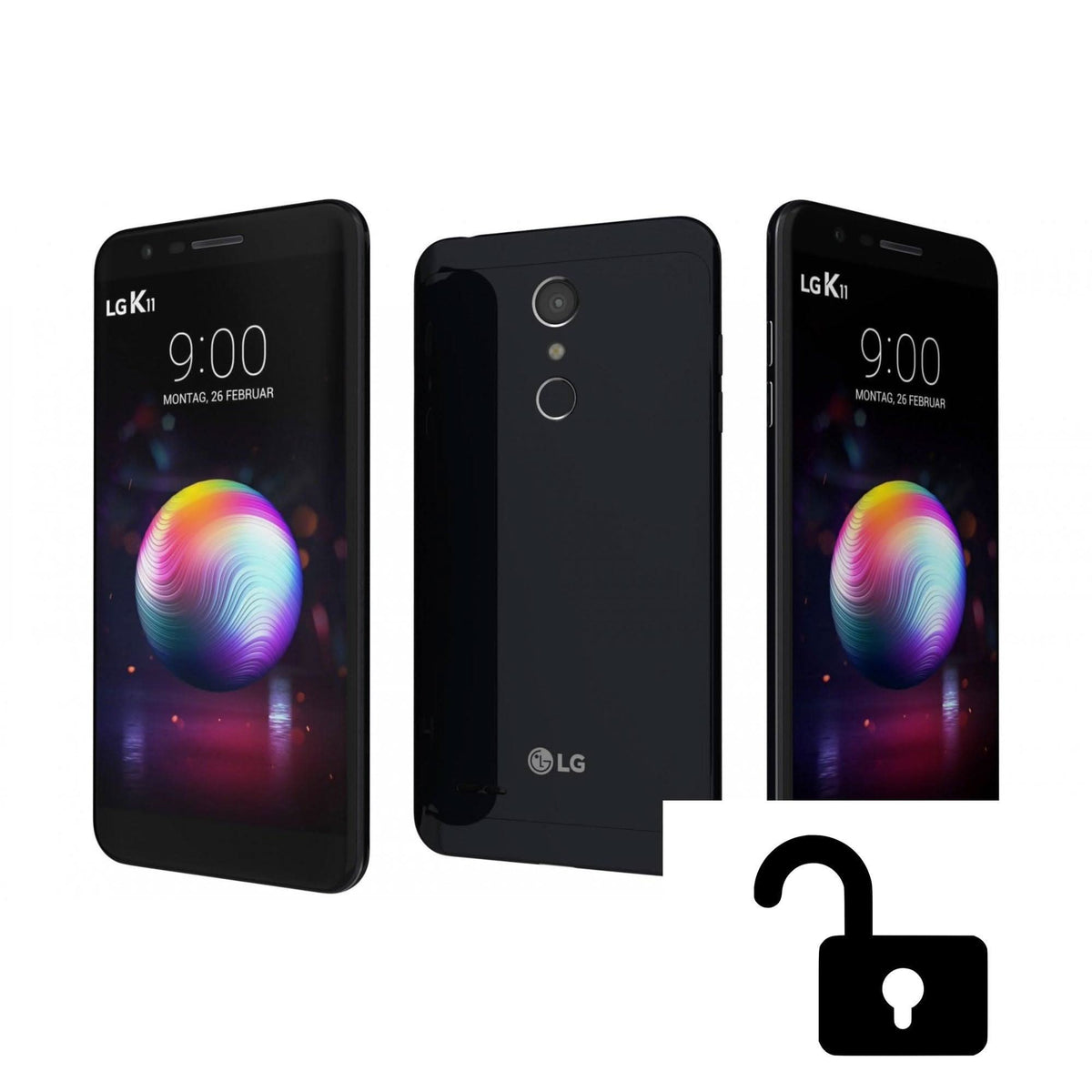 Unlocked black LG K11 smartphone shown from front and back on white background