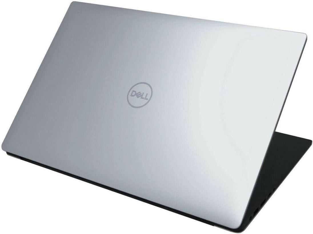 Silver Dell laptop closed, angled view, refurbished professional computer