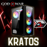 Gaming PC with RGB fans, God of War and Among Us icons, KRATOS text, dark neon background
