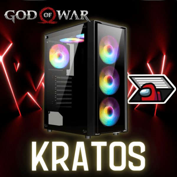 Gaming PC with RGB fans, God of War and Among Us icons, KRATOS text, dark neon background