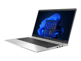 Slim silver laptop with Windows 11 operating system, black keyboard, and multiple ports
