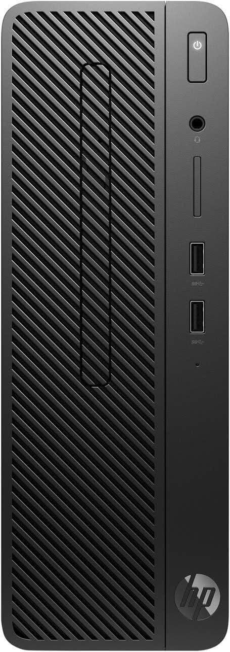 Front view of a black HP small form factor desktop PC with USB ports and power button