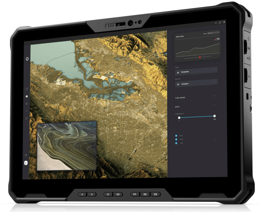 Rugged tablet displaying topographic map and data analysis interface
