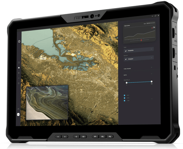 Rugged tablet displaying topographic map and data analysis interface