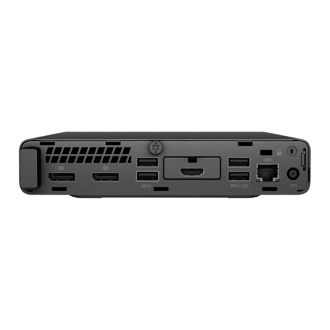 Rear ports view of a refurbished desktop mini PC with HDMI, DisplayPort, USB, and Ethernet ports