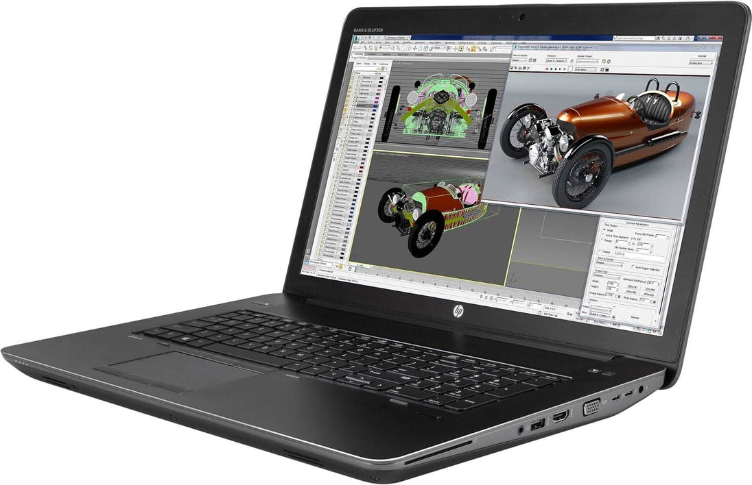 HP laptop with CAD software and 3D car model on screen, refurbished business laptop