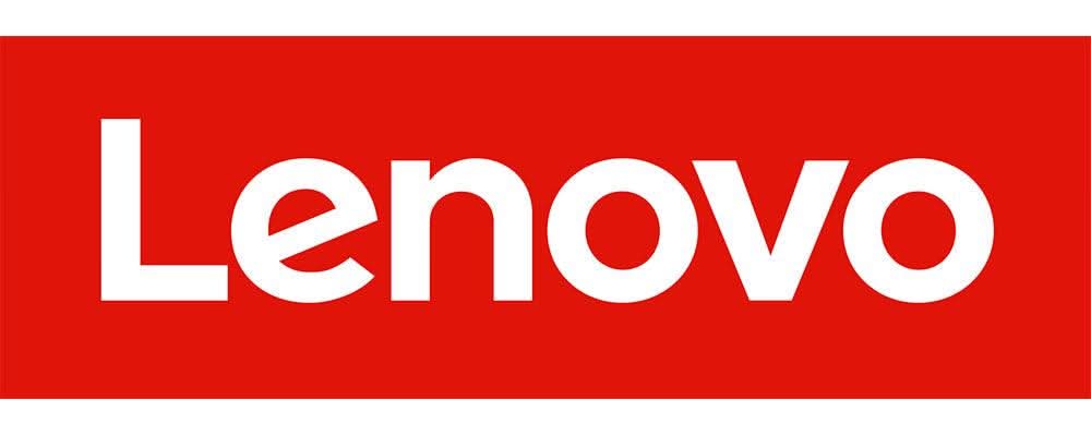 Lenovo logo in white text on red background, electronics brand branding image