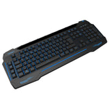Black and blue wired gaming keyboard with illuminated keys and angular design