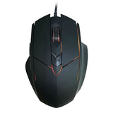 Black wired gaming mouse with RGB lighting and ergonomic design, top view