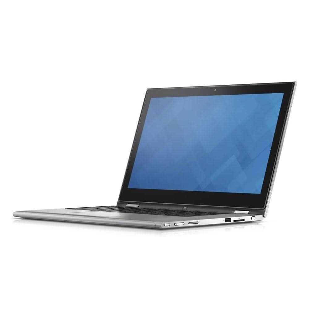 Silver refurbished laptop with black keyboard and blue screen on white background