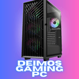 Deimos gaming PC with RGB lighting and modern black case on gradient background
