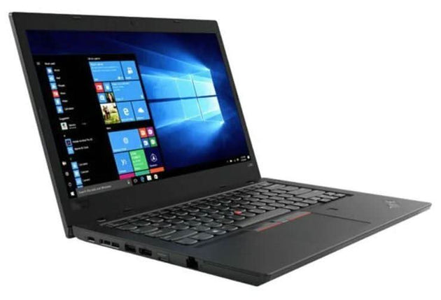 Refurbished black business laptop with Windows 10 open on screen, angled side view