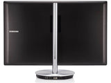 Rear view of a Samsung monitor with black finish, metal stand, and visible connection ports
