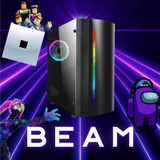 RGB gaming PC with Fortnite, Roblox, and Among Us graphics on neon background, BEAM text below