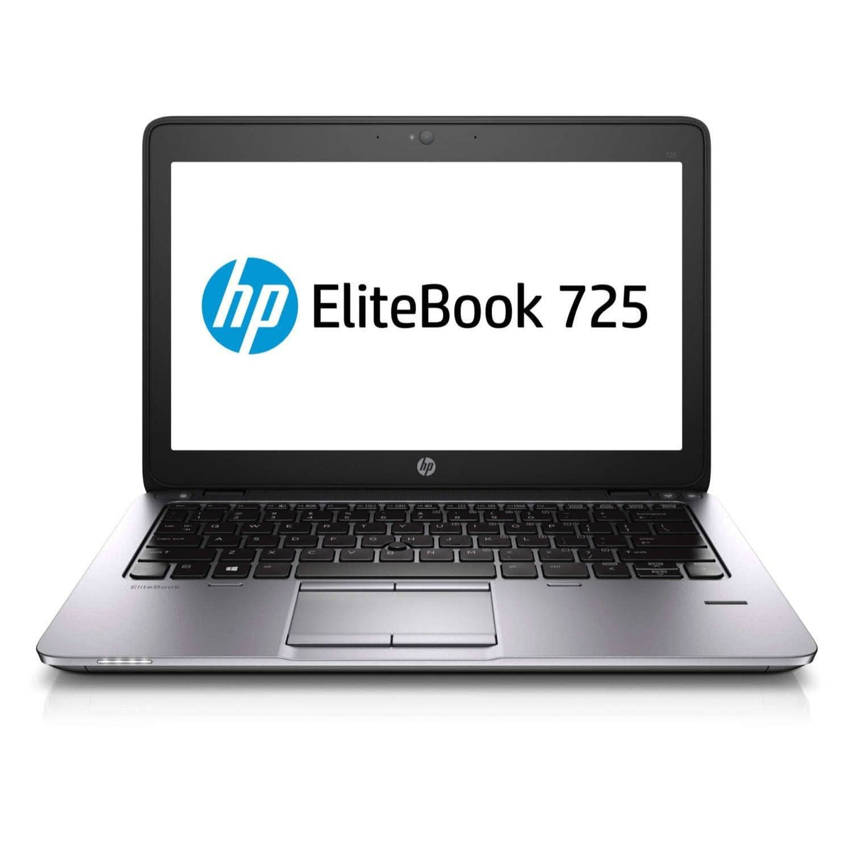 HP EliteBook 725 laptop open on white background, showing keyboard and screen.