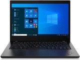 Black Lenovo ThinkPad laptop with Windows 10 screen, front-facing view, open on desk