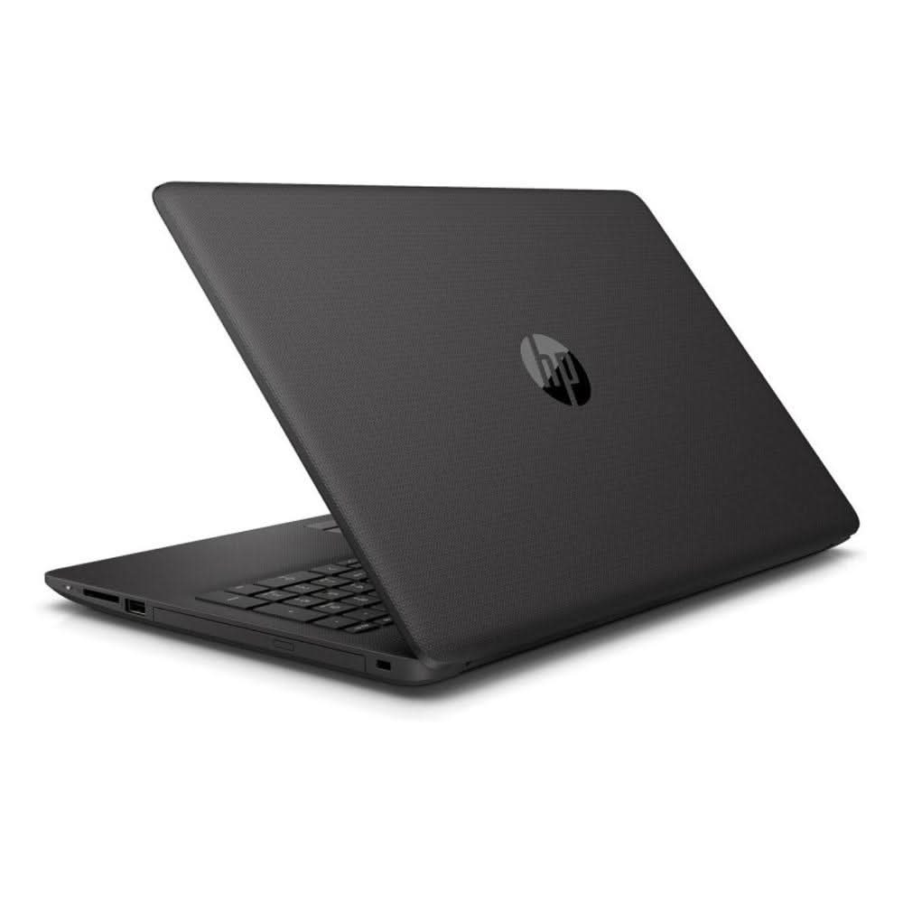 Black HP laptop partially open, textured finish, viewed from rear left angle