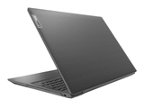 Side view of a black Lenovo laptop with textured lid, partially open, on white background